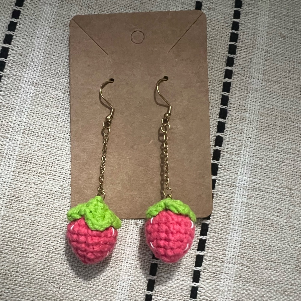 Charming Red and Green Strawberry Hand Crocheted Earrings